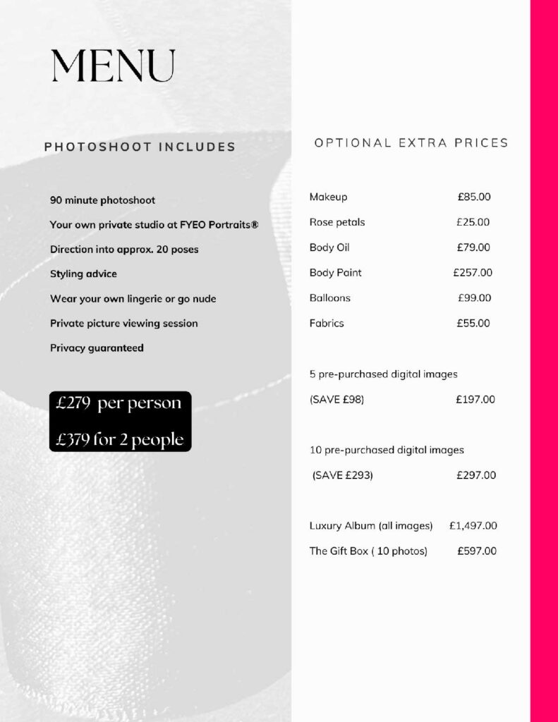 boudoir photography prices menu